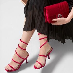 WHBM Caroline Satin Wrap Heels-Red-New in Box Size 8